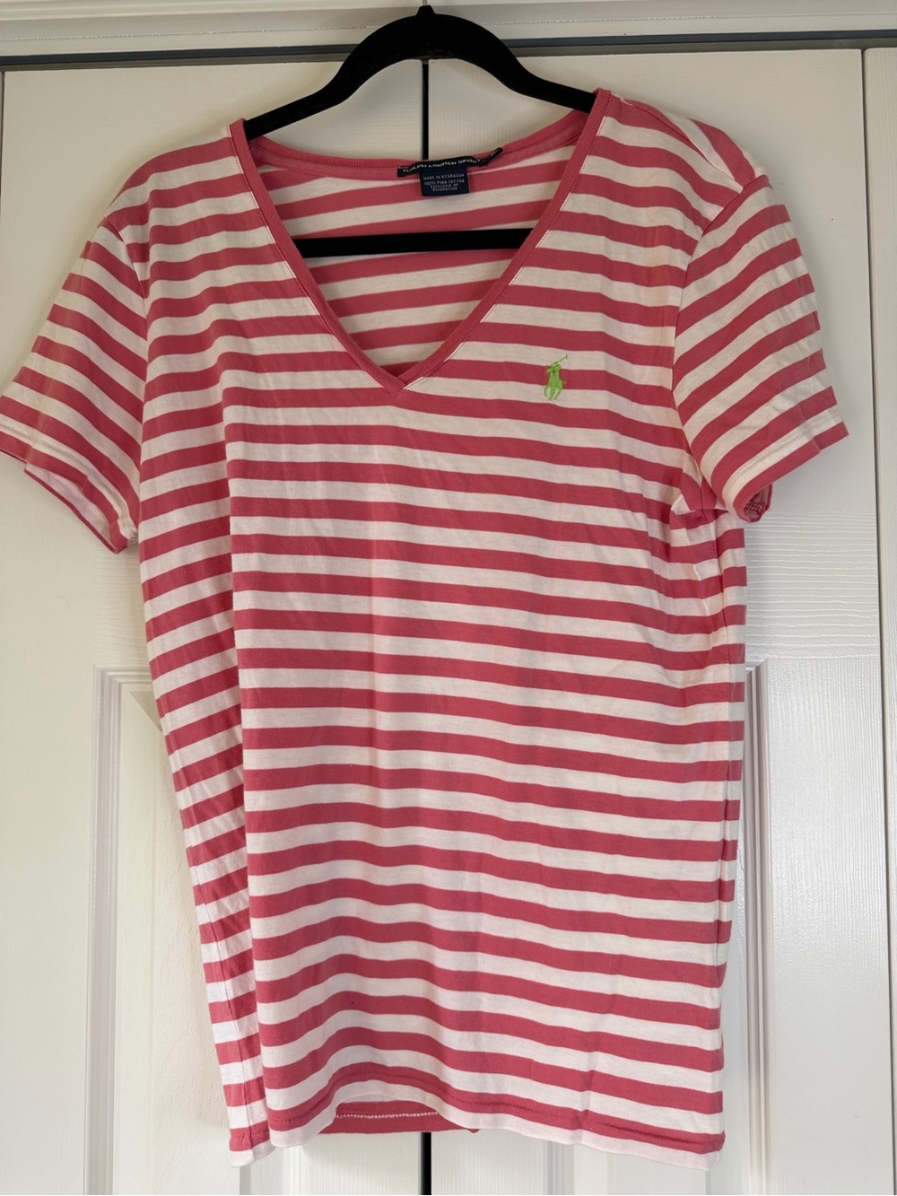 Ralph Lauren Pink & White Striped V-Neck Tee with Green Pony